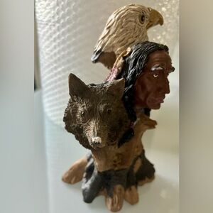 INDIAN TRIBAL MAN/ WOLF/ EAGLE STATUE